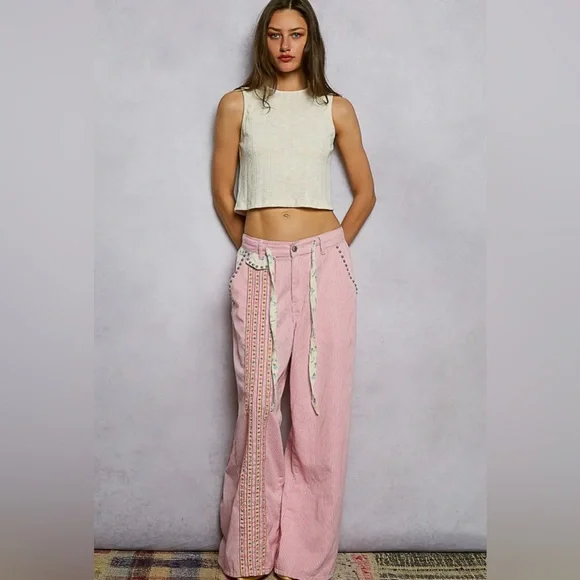 NEW Pol Double Gauze Lace Floral Trim Buckle Back Pants Drawstring Pink Stripe - Picture 8 of 12